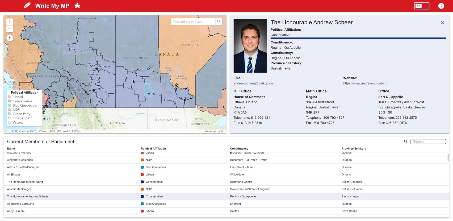 Write My MP: riding map, MP contact card and list of current Members of Parliament